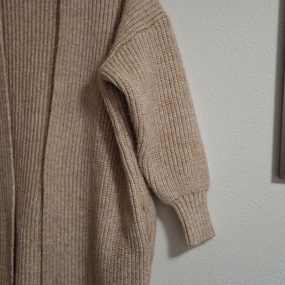 Topshop Neutral Beige Open-Front Long Ribbed Cardigan Duster With Pockets Sz. XS - Picture 3 of 5